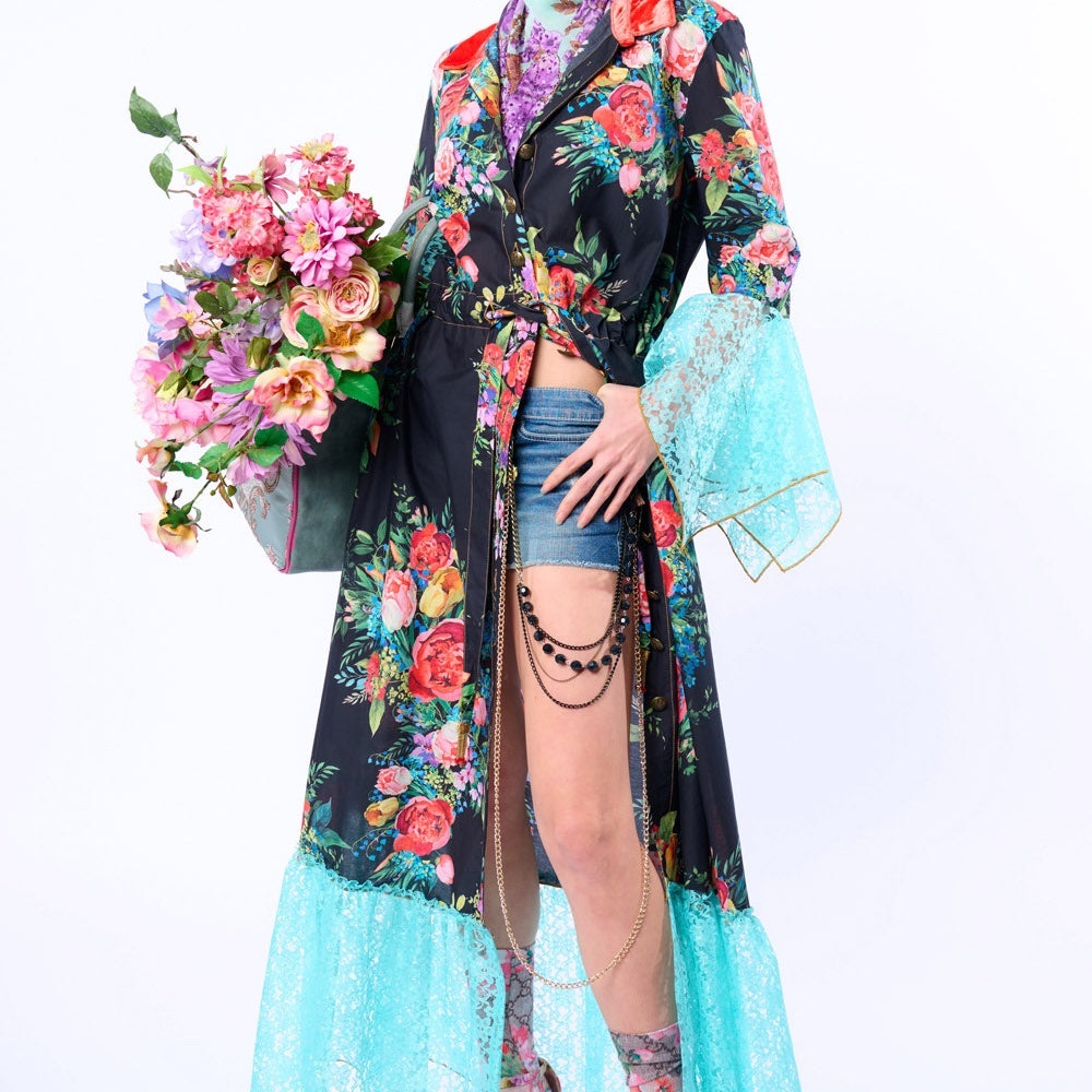 Aratta Black Floral Robe with Turquoise Lace Trim